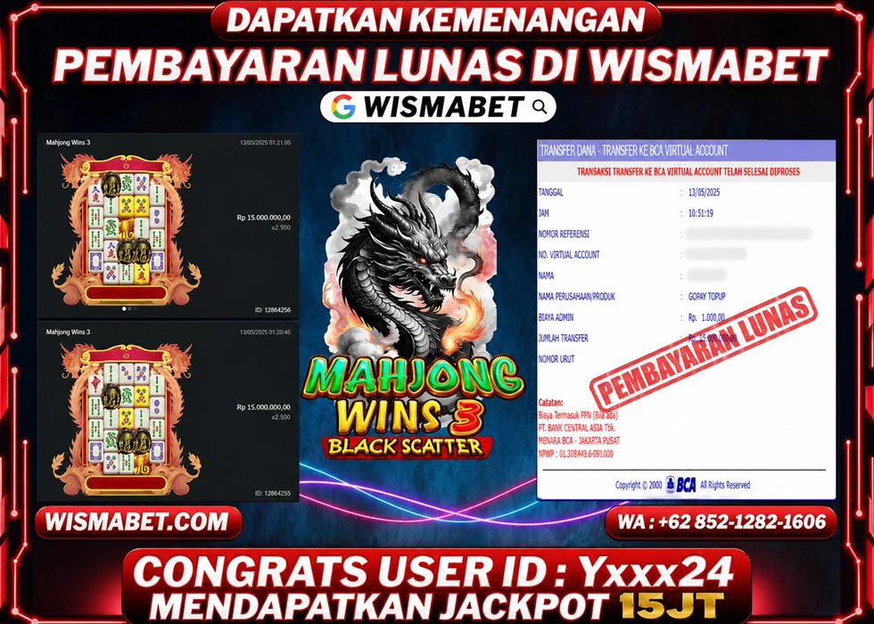 WISMABET-BUKTI KEMENANGAN Mahjong Wins 3 - Black Scatter Rp15,000,000- LUNAS